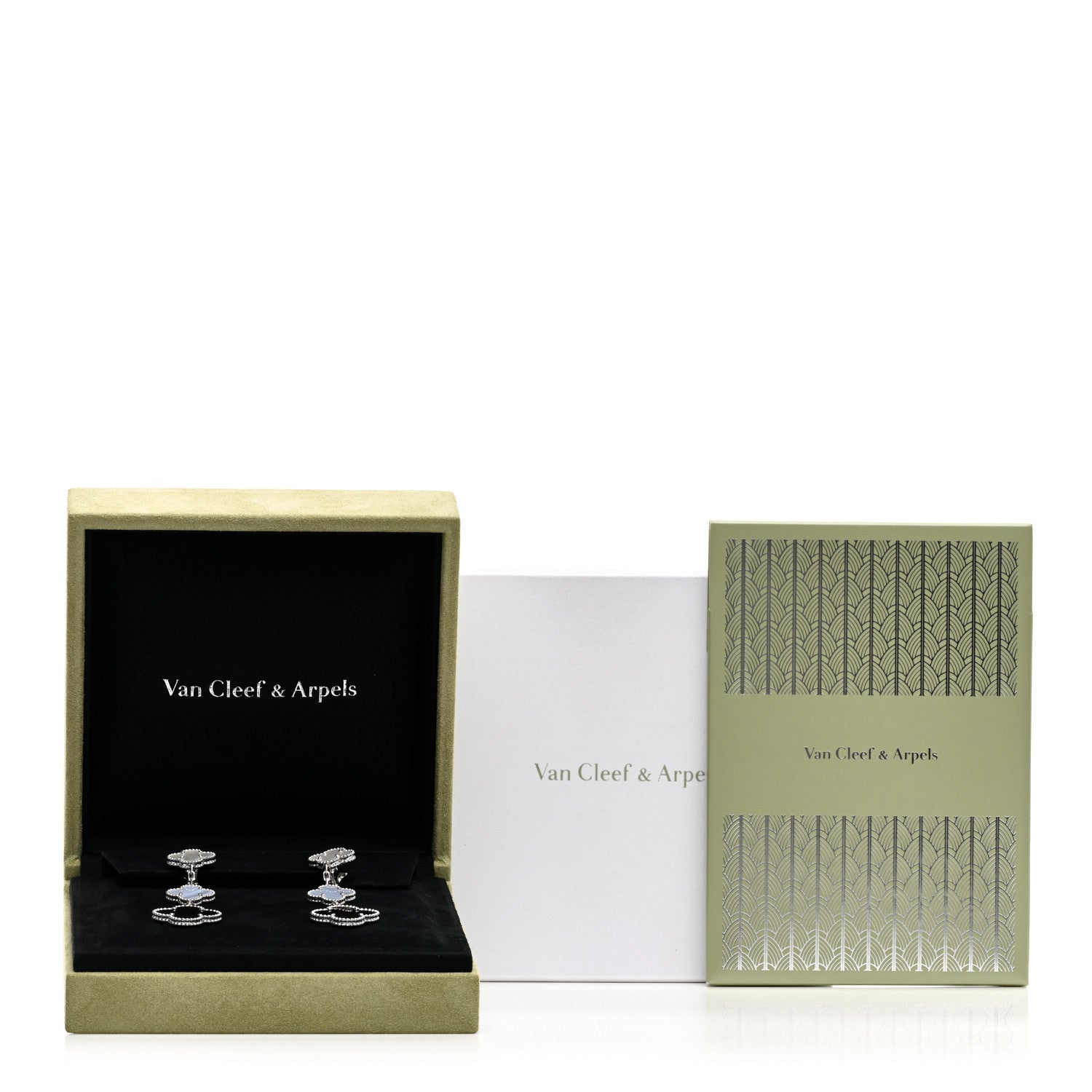 Van Cleef & Arpels 18K White Gold Mother of Pearl Chalcedony 3 Motifs Magic Alhambra Earrings 5 of 5