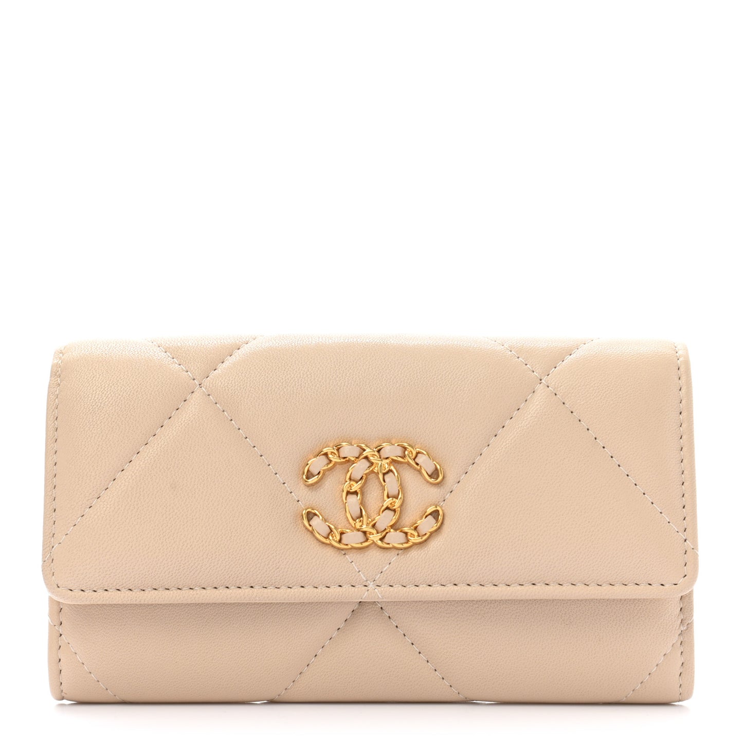 Shiny Goatskin Quilted Chanel 19 Flap Wallet Beige