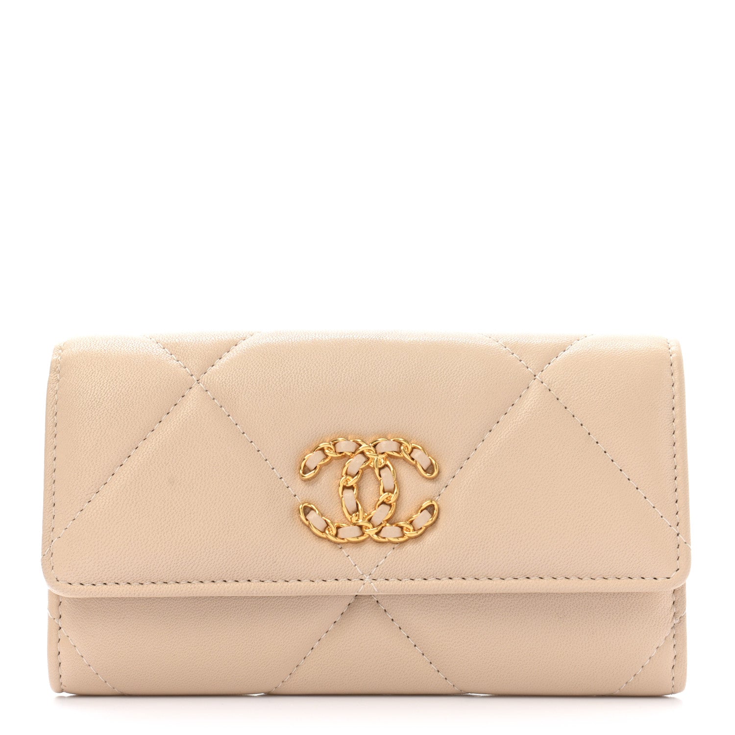 Chanel Shiny Goatskin Quilted Chanel 19 Flap Wallet Beige 1 of 9