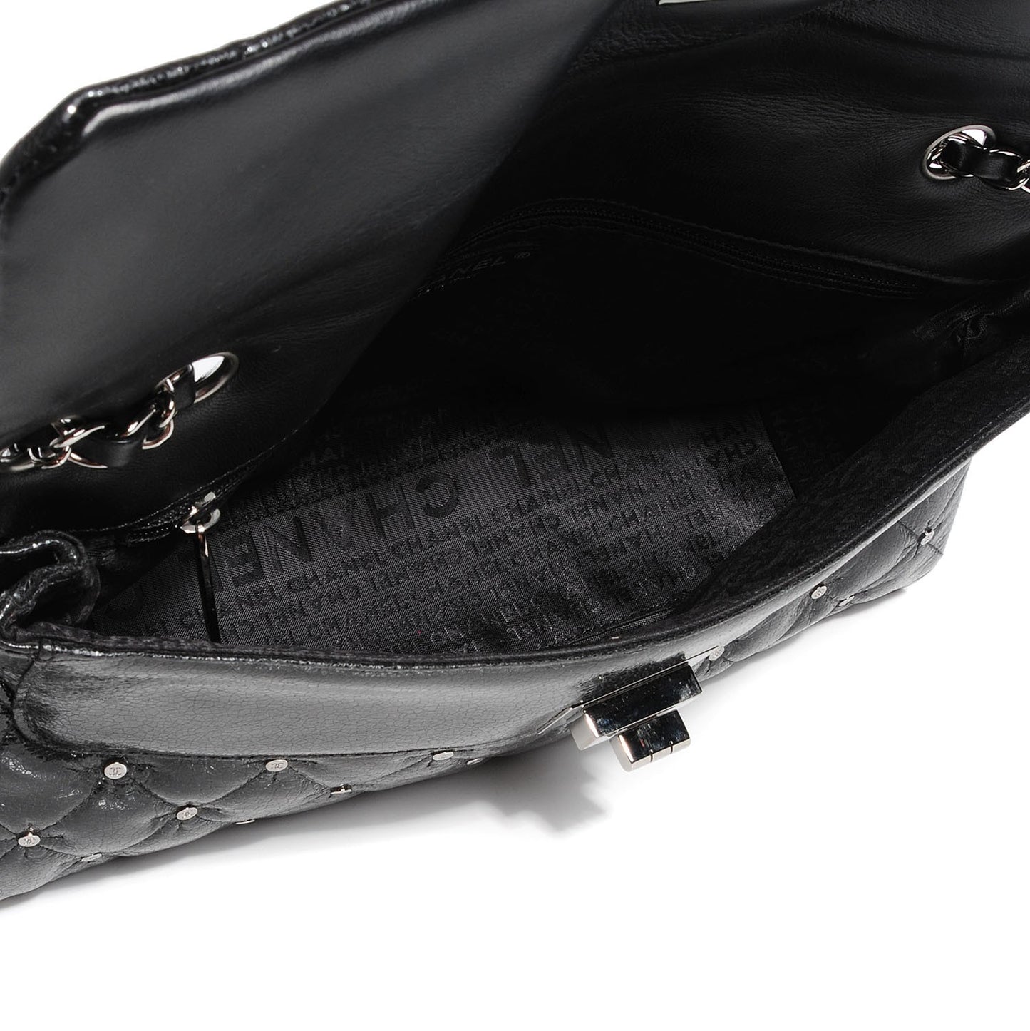 Glazed Crackled Calfskin Studded Mademoiselle Flap Black