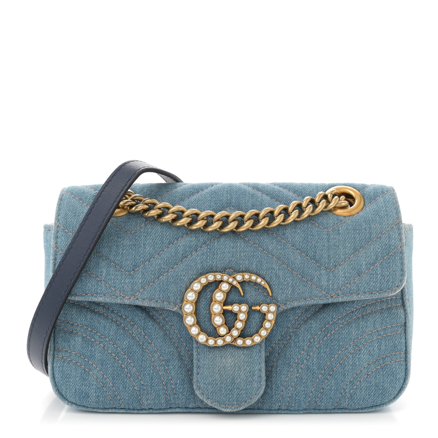 Gucci Denim Matelasse Mini Pearly GG Marmont Shoulder Bag Blue 1 of 10