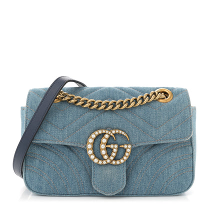 Gucci Denim Matelasse Mini Pearly GG Marmont Shoulder Bag Blue 1 of 10