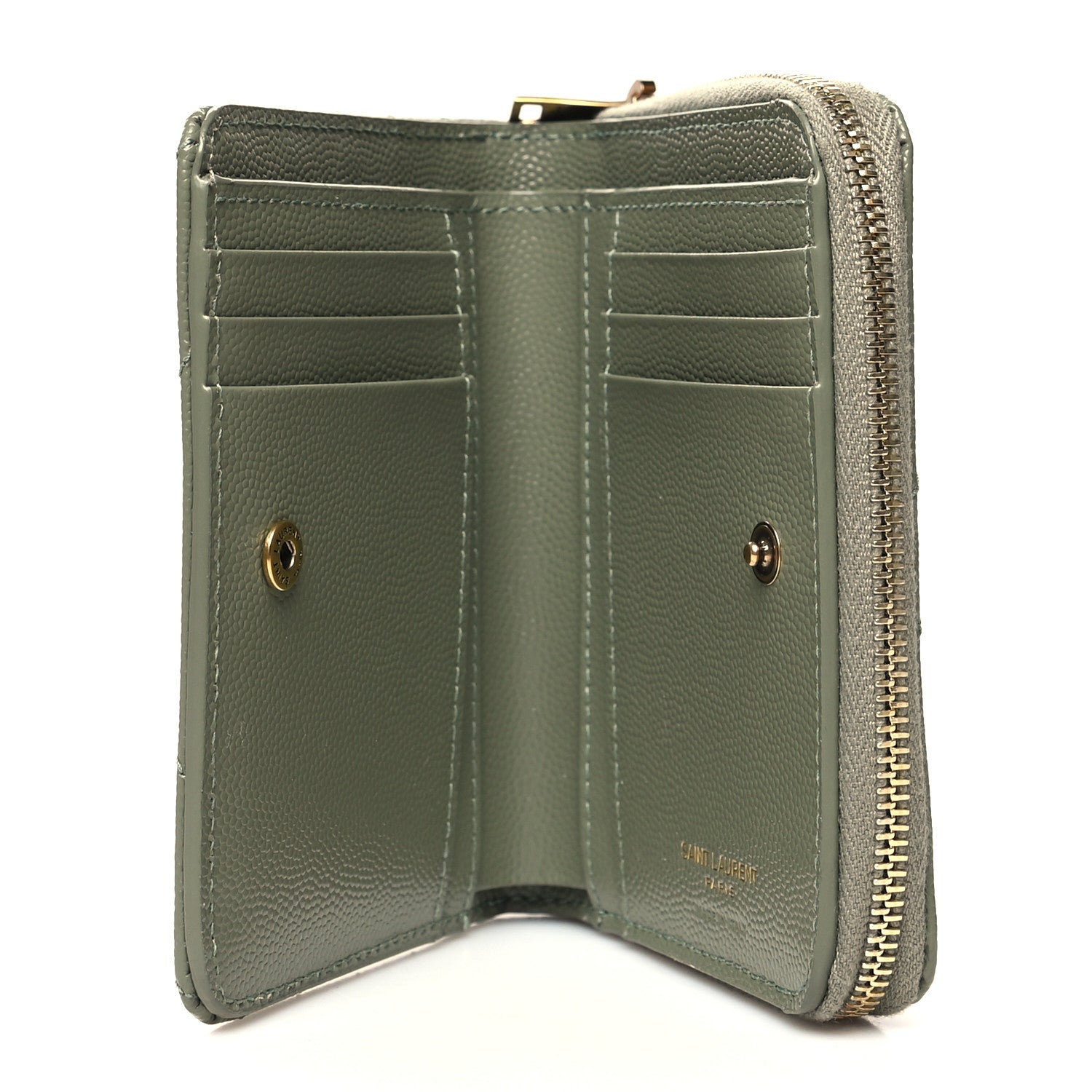 Saint Laurent Grain De Poudre Matelasse Chevron Monogram Compact Zip Around Wallet Vert Kaki 5 of 9
