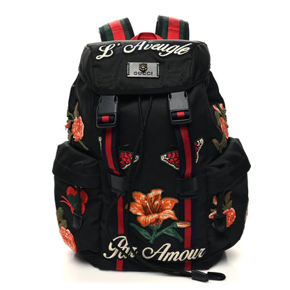 Gucci Techno Canvas Web L'Aveugle Par Amour Embroidered Double Buckle Backpack Black 1 of 11
