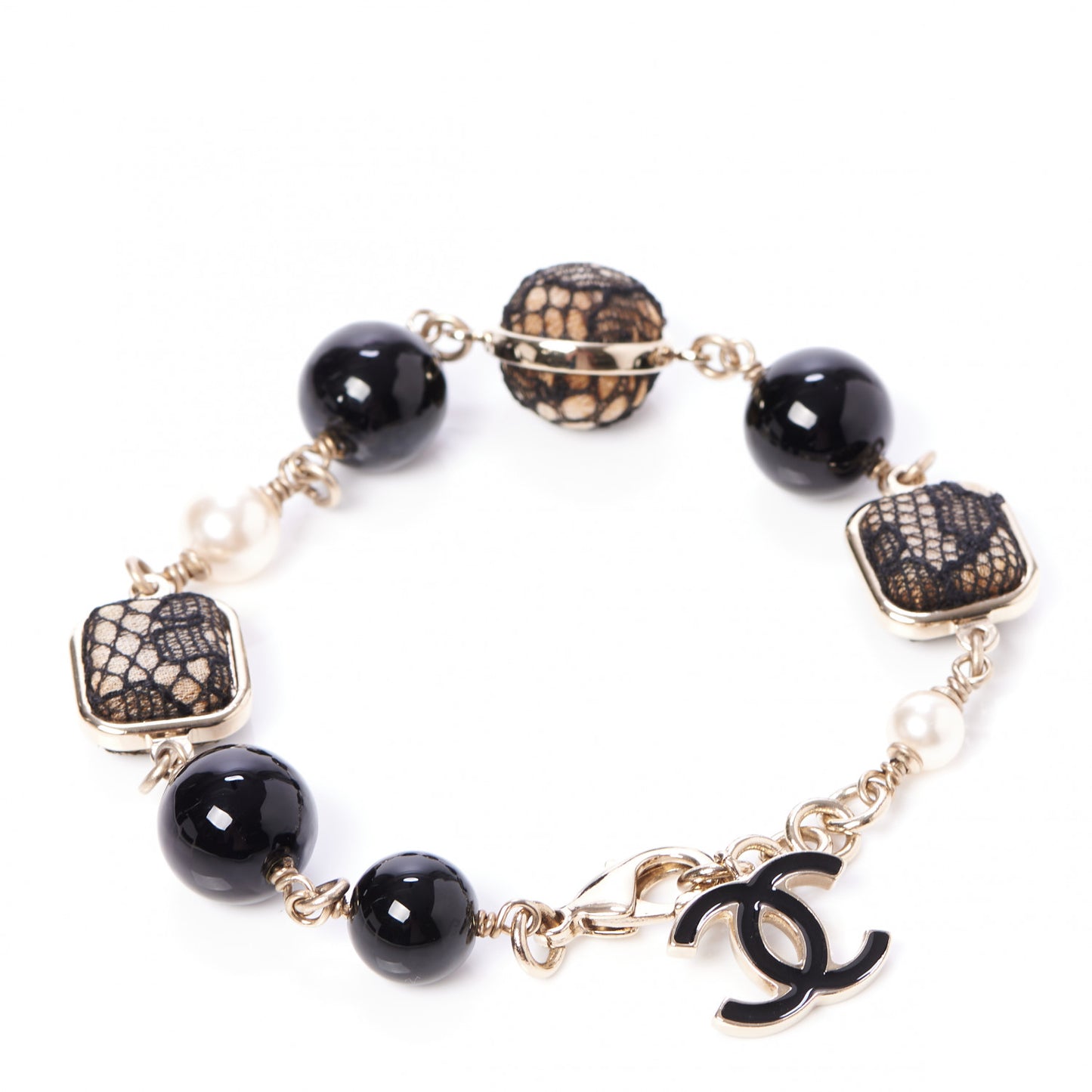 Lace Pearl Beaded CC Bracelet Black Gold