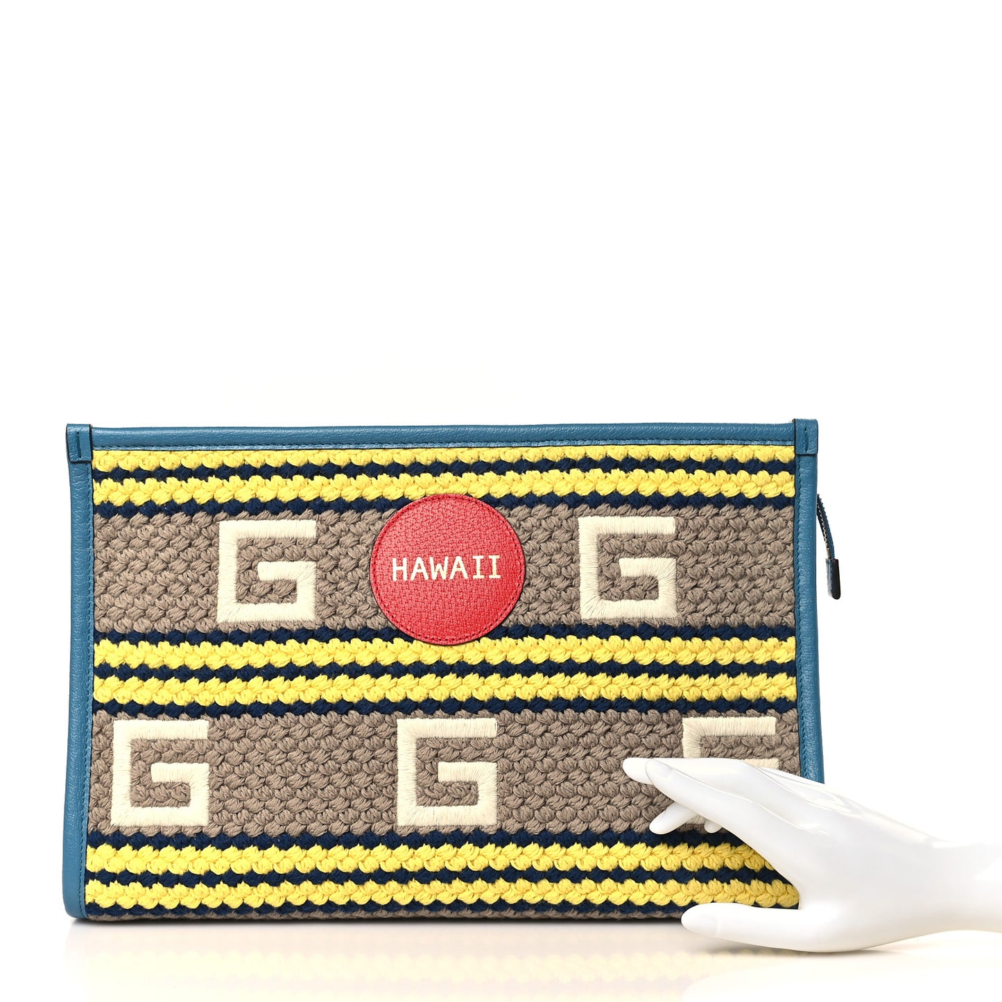 Fabric Embroidered Hawaii Striped Pouch Bag Blue