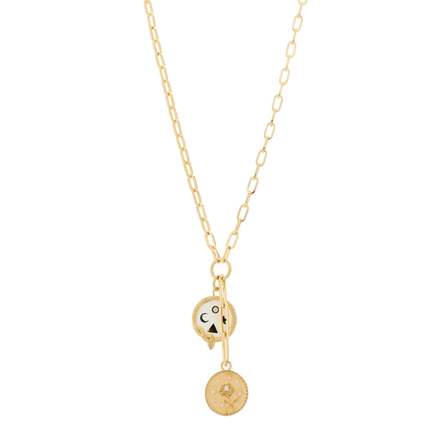 Foundrae 18K Yellow Gold Diamond Enamel Petite Wholeness Baby Enduring Love Medallion Extended Clip Extension Chain Necklace White 1 of 5