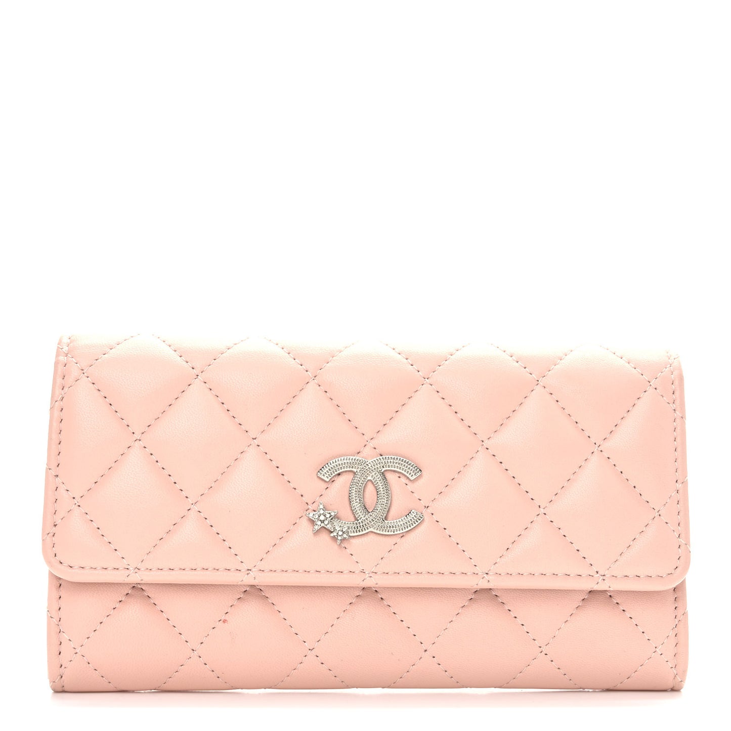 Calfskin Quilted Crystal CC Star Flap Wallet Light Pink