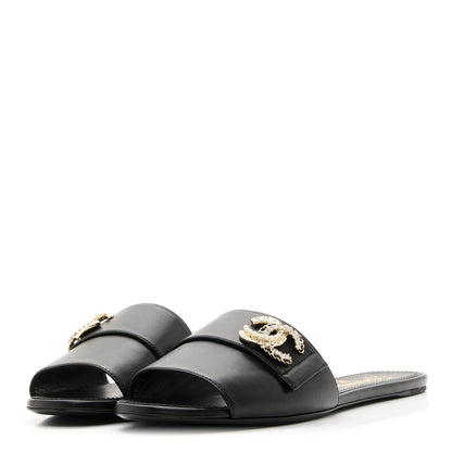 Chanel Lambskin Pearl Crystal CC Sandals 39.5 Black 3 of 9