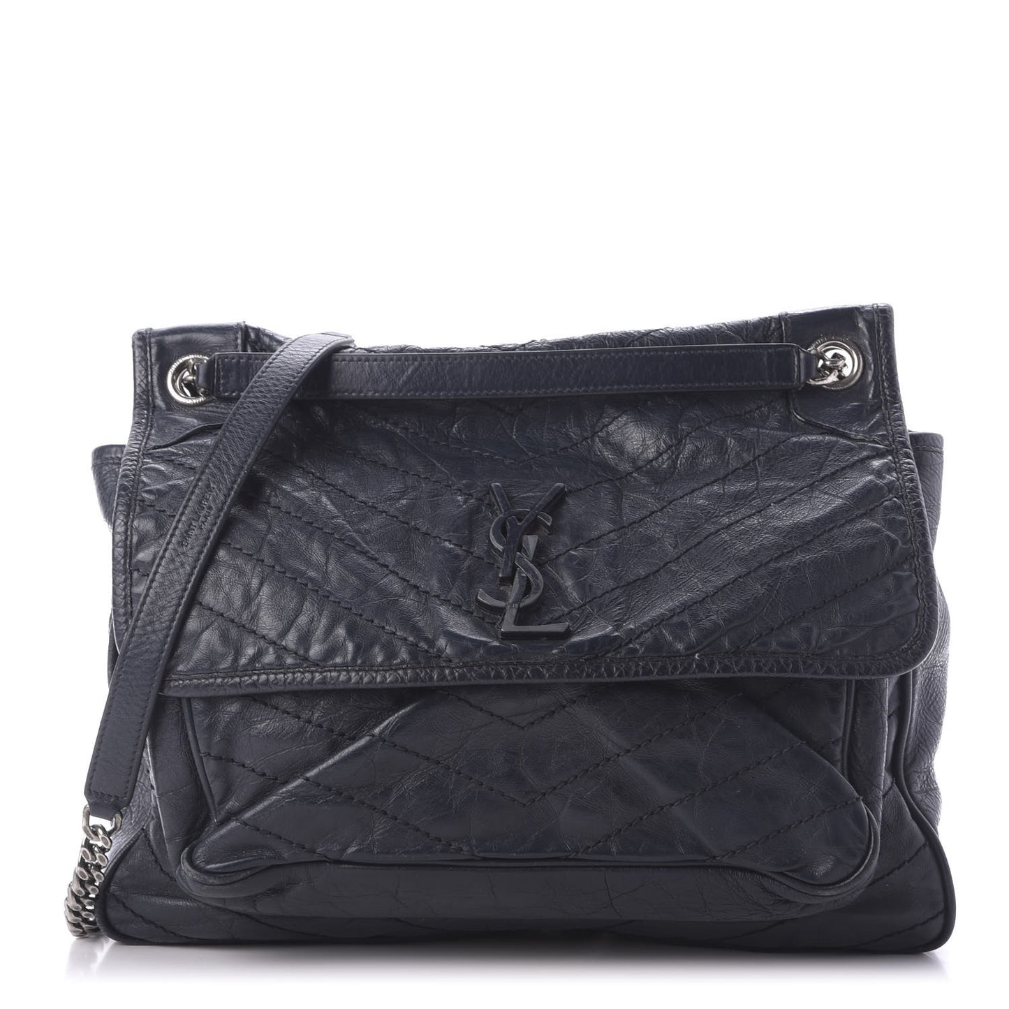 Crinkled Calfskin Matelasse Monogram Large Niki Chain Satchel Deep Marine