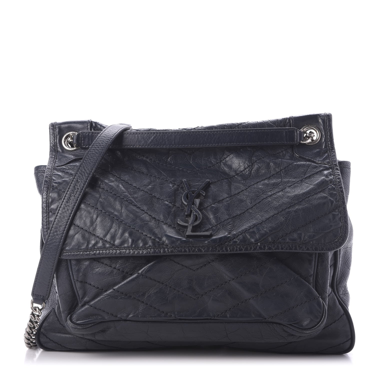 Saint Laurent Crinkled Calfskin Matelasse Monogram Large Niki Chain Satchel Deep Marine 1 of 12