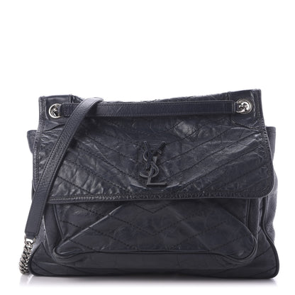 Saint Laurent Crinkled Calfskin Matelasse Monogram Large Niki Chain Satchel Deep Marine 1 of 12