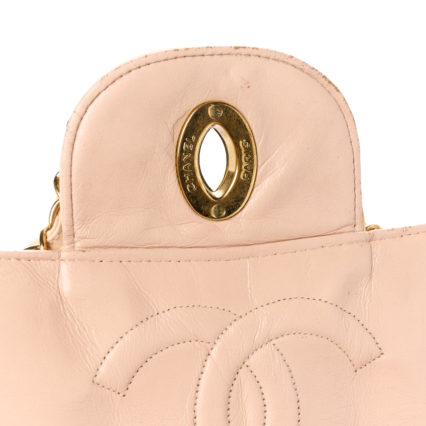 Patent Quilted Jumbo XL Chain Around Flap Beige