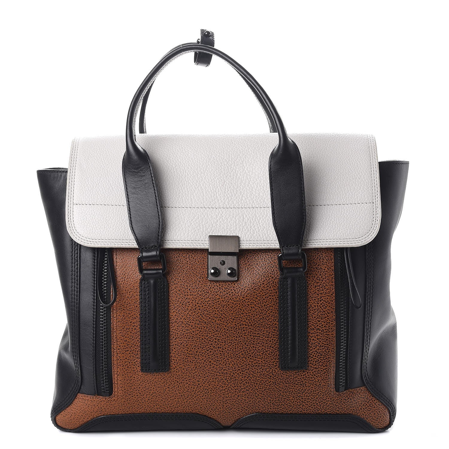 3.1 Phillip Lim 3.1 Textured Calfskin Large Colorblock Pashli Satchel Copper 1 of 9