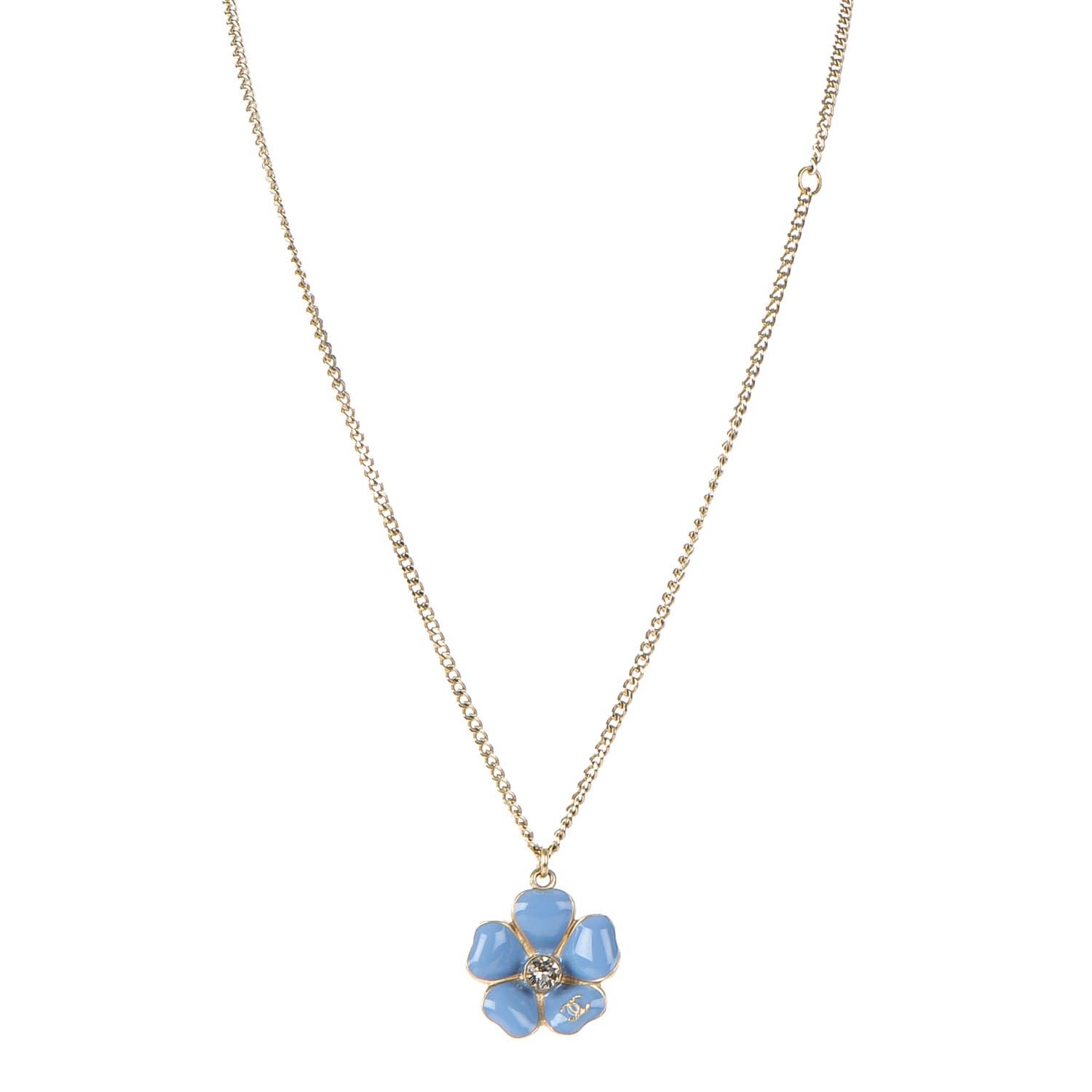 Chanel Crystal Enamel Camellia CC Necklace Gold Blue 1 of 5