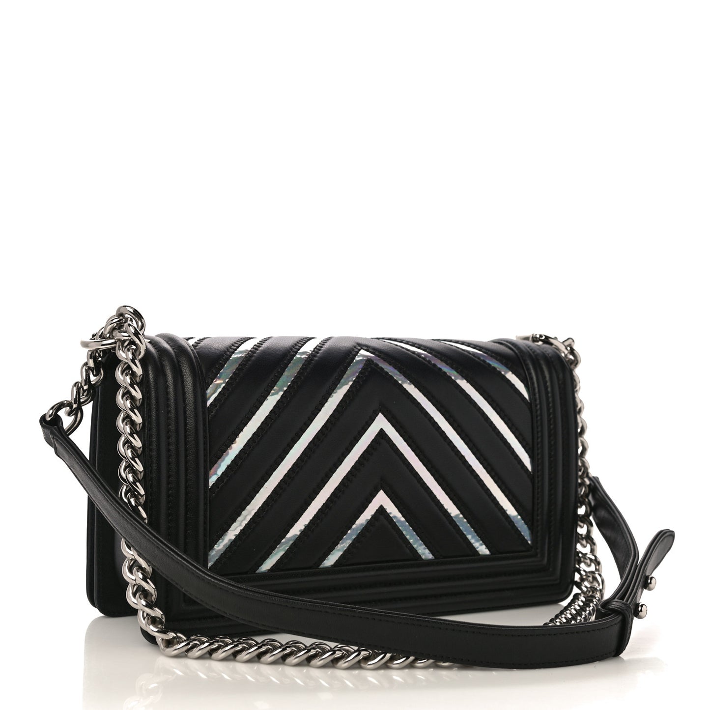 Lambskin Iridescent PVC Chevron Quilted Medium Boy Flap Black Silver