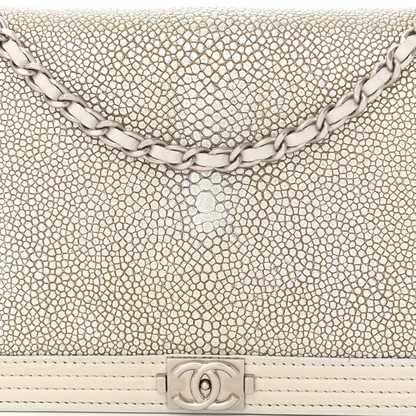 Metallic Galuchat Stingray Lambskin Boy Wallet On Chain WOC Silver