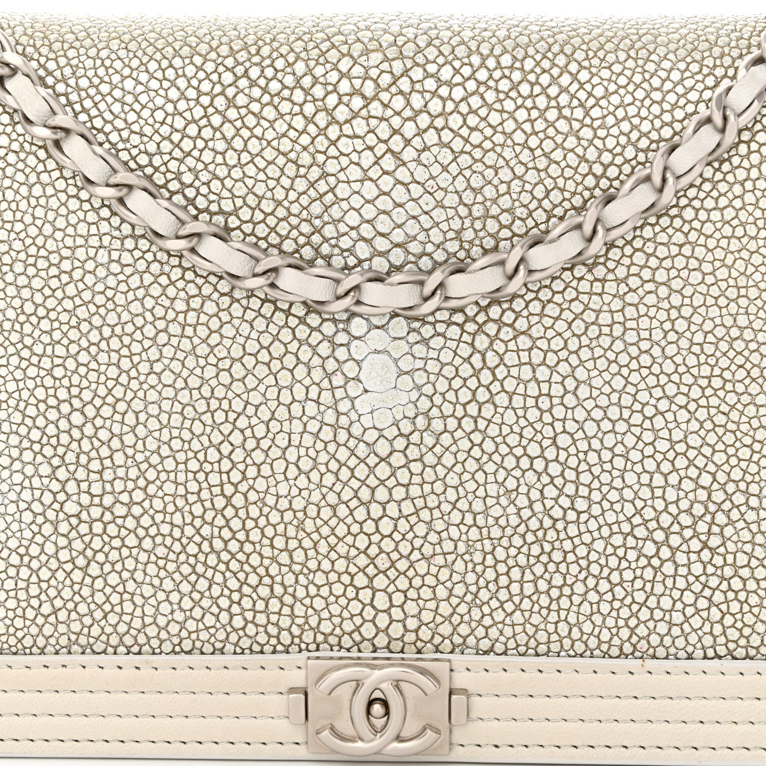 Chanel Metallic Galuchat Stingray Lambskin Boy Wallet On Chain WOC Silver 9 of 14