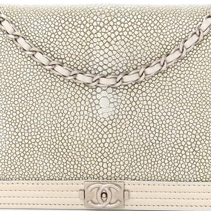 Chanel Metallic Galuchat Stingray Lambskin Boy Wallet On Chain WOC Silver 9 of 14