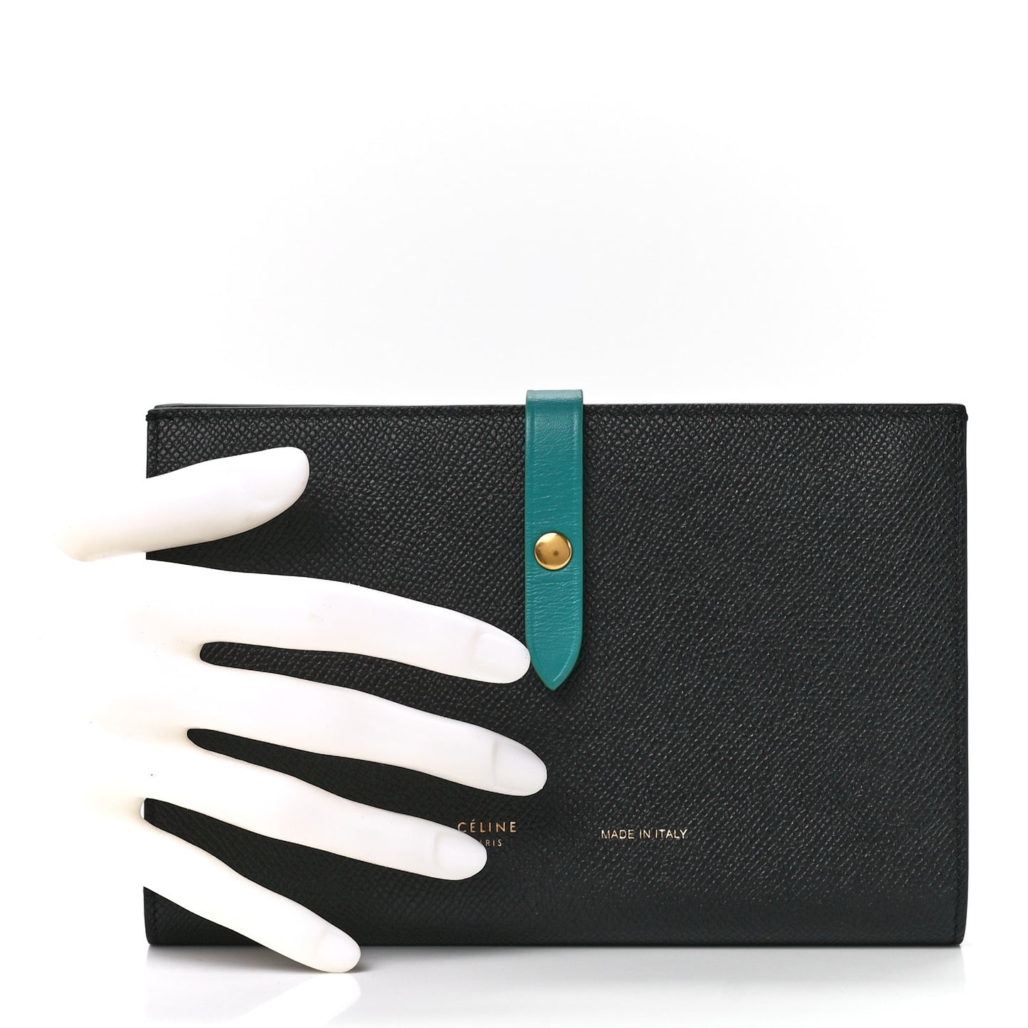 Grained Calfskin Large Multifunction Strap Wallet Black Cactus