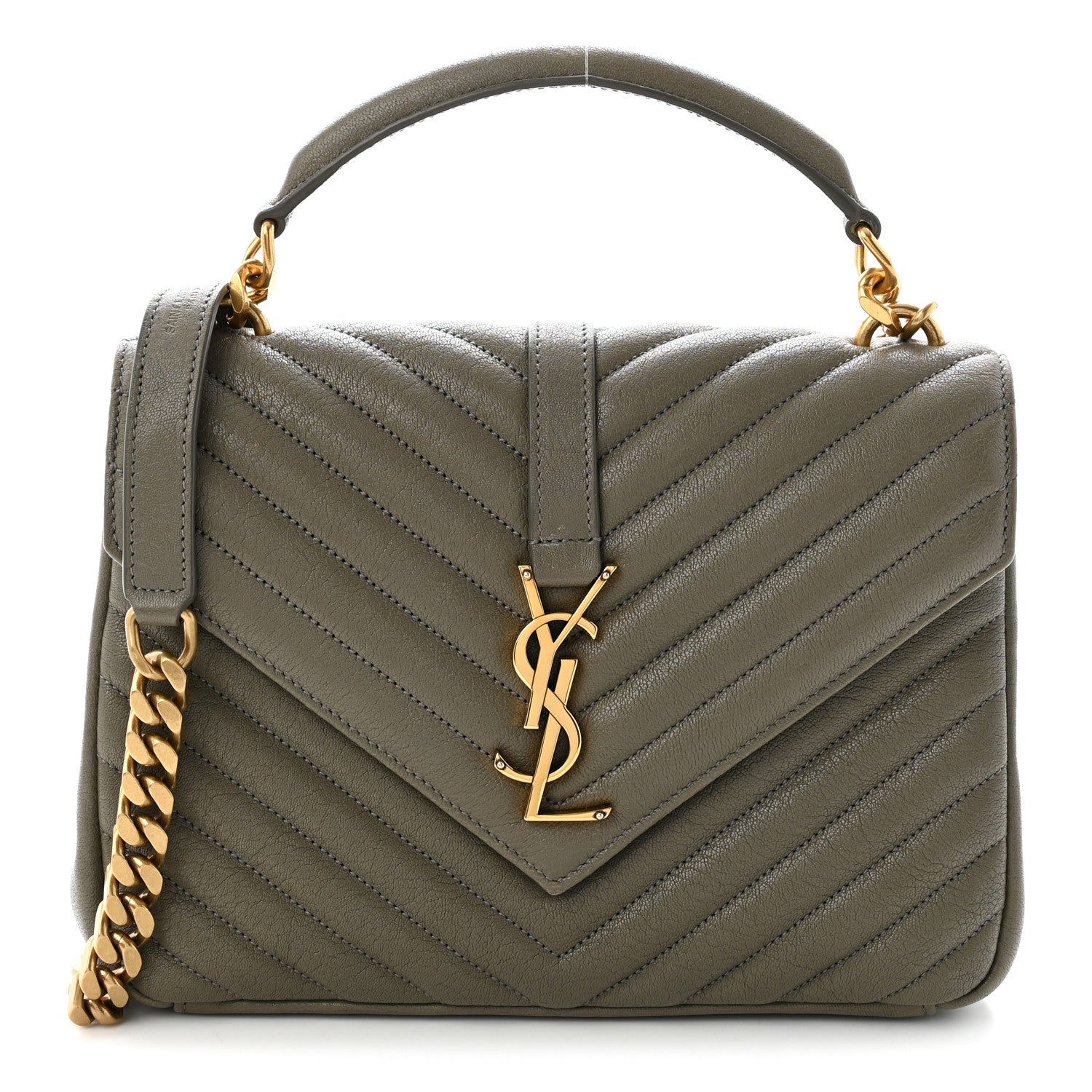 Saint Laurent Sheepskin Matelasse Chevron Monogram Medium College Bag Grey Kaki 1 of 10