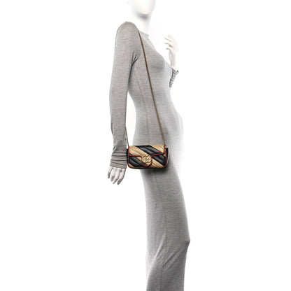 Gucci Vintage Effect Calfskin Matelasse Diagonal Striped Super Mini Torchon GG Marmont Shoulder Bag Black Beige 3 of 10