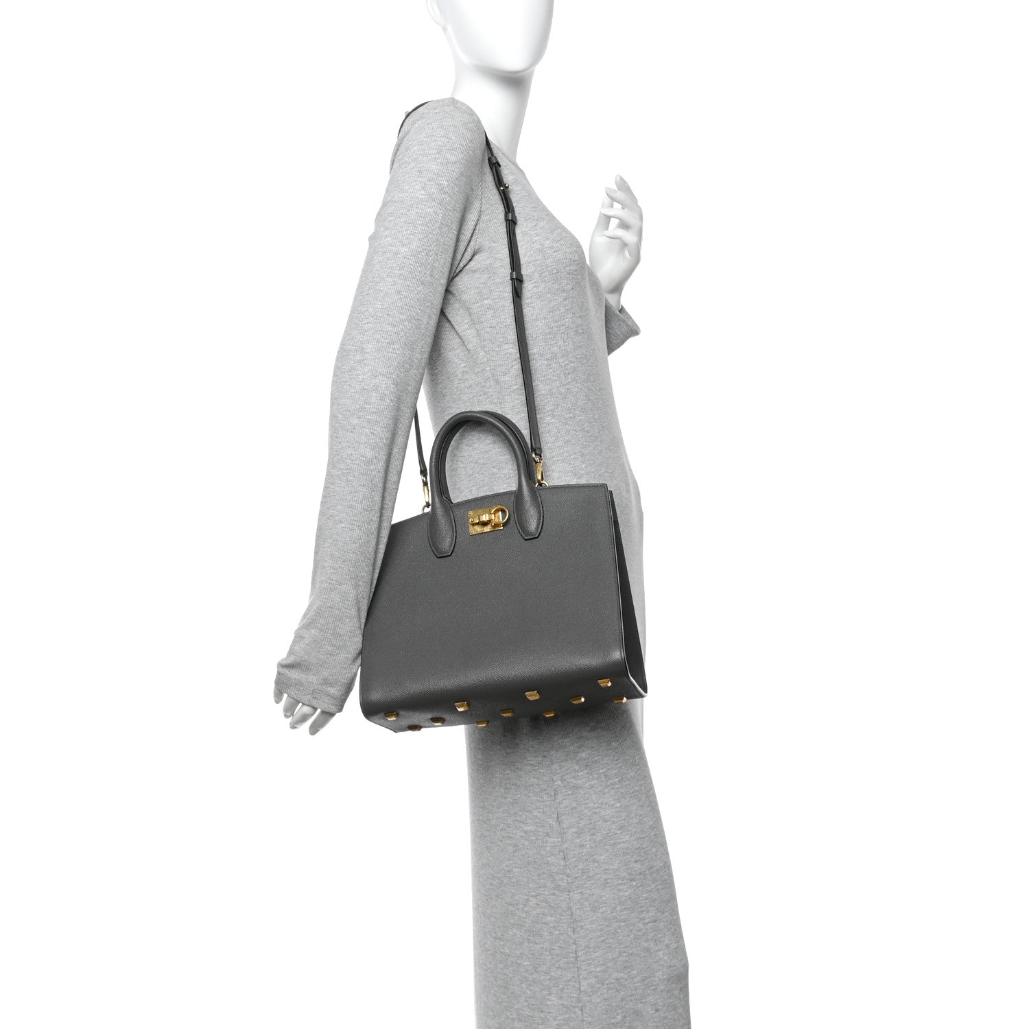 Salvatore Ferragamo Hammered Calfskin Medium The Studio Box Bag Sparrow 2 of 10