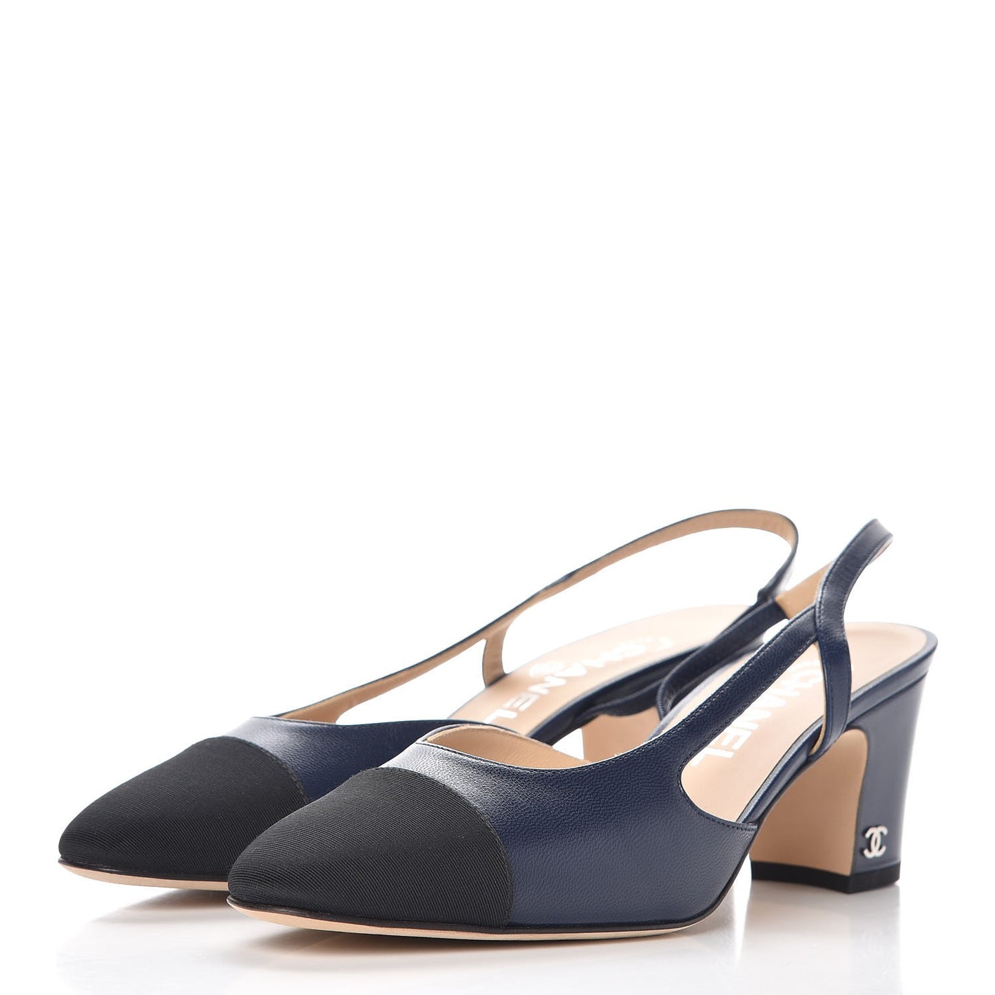 Lambskin Grosgrain Cap Toe CC Slingback Sandals 37 Navy Black