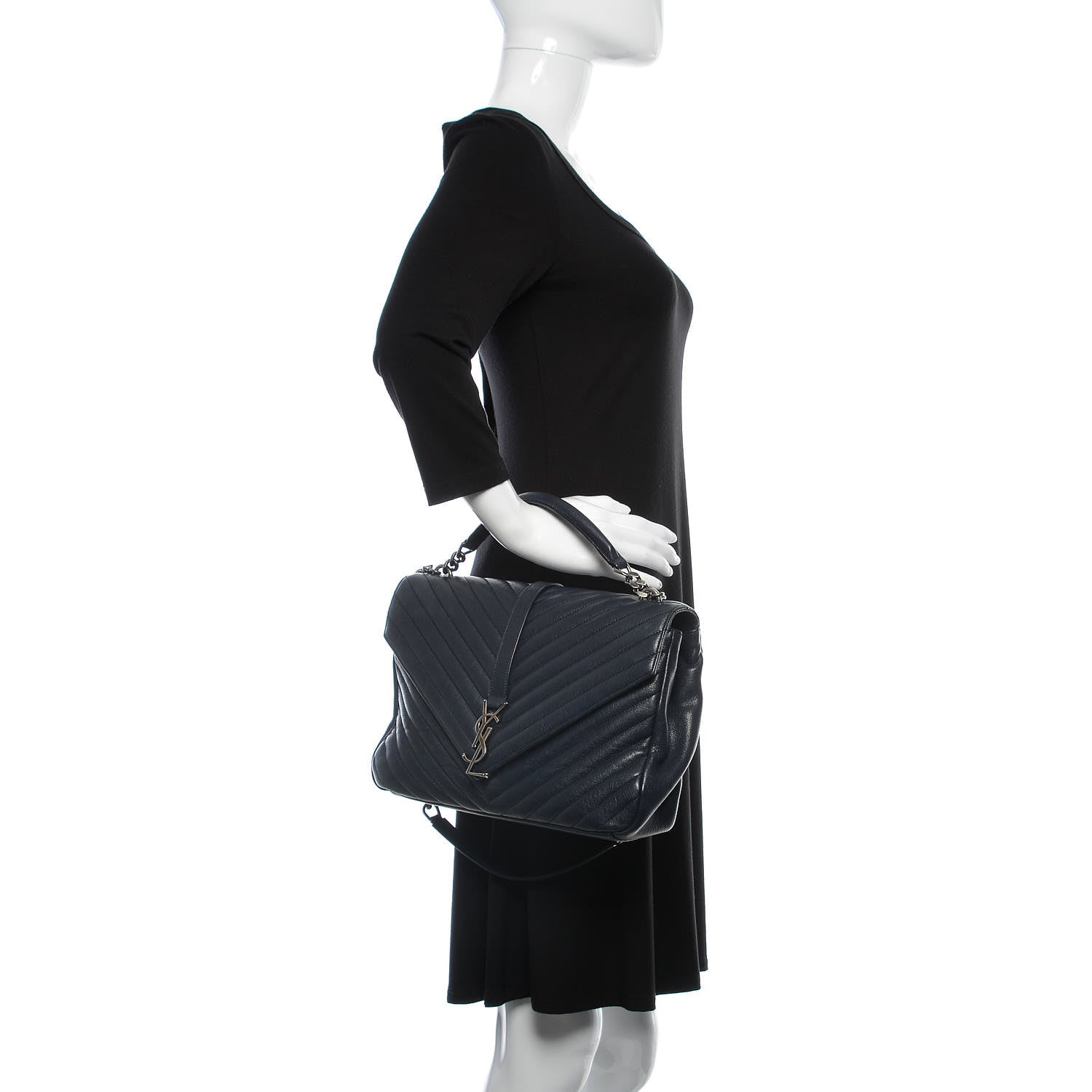 Saint Laurent Sheepskin Matelasse Chevron Monogram Large College Satchel Navy Blue 3 of 12