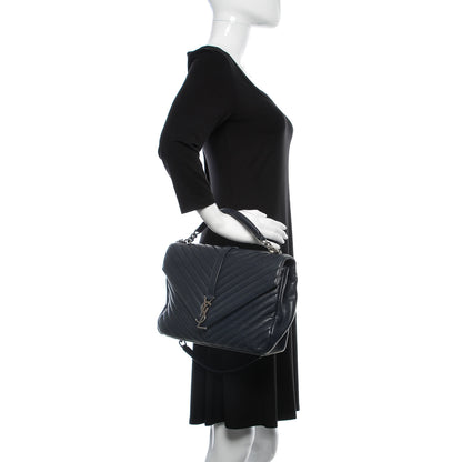 Saint Laurent Sheepskin Matelasse Chevron Monogram Large College Satchel Navy Blue 3 of 12