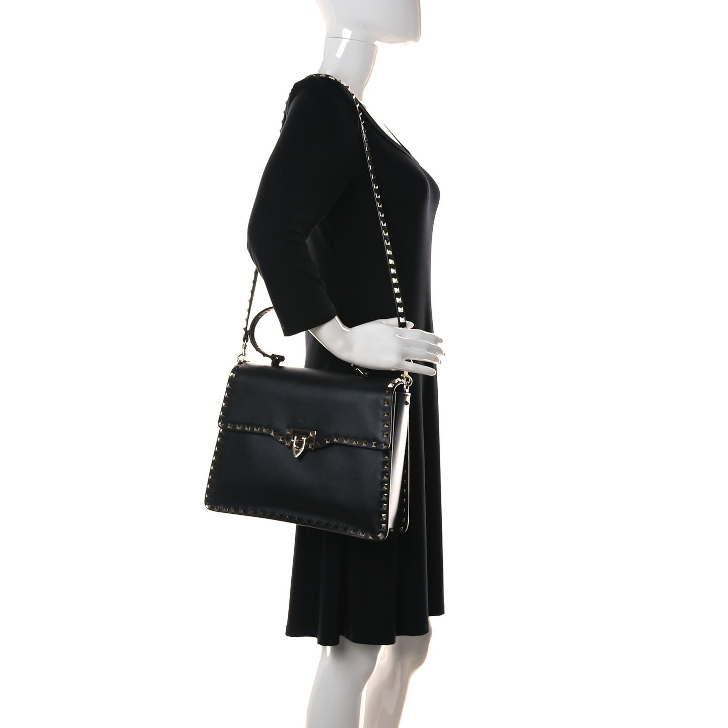 Vitello Medium Rockstud Single Handle Flap Bag Black