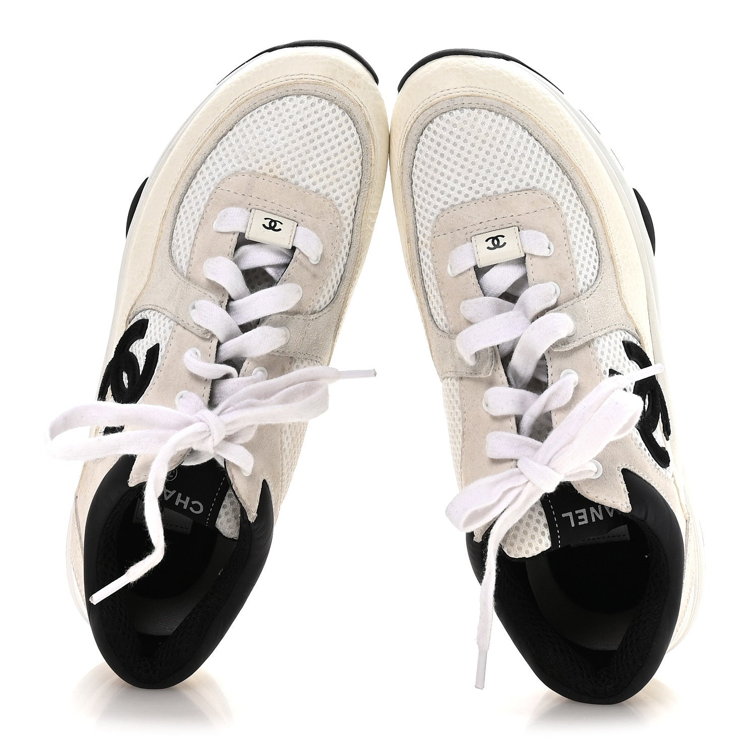 Chanel Mesh Suede Calfskin Grained Calfskin Womens CC Sneakers 38.5 White Black 2 of 9