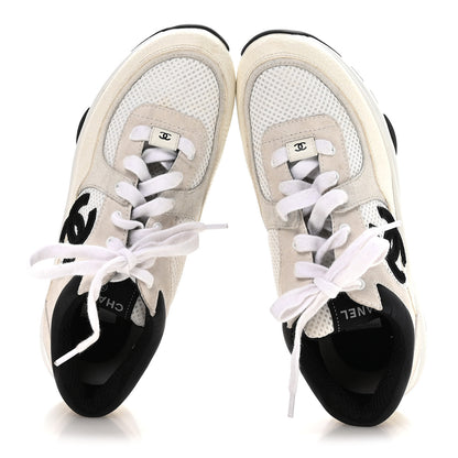 Chanel Mesh Suede Calfskin Grained Calfskin Womens CC Sneakers 38.5 White Black 2 of 9
