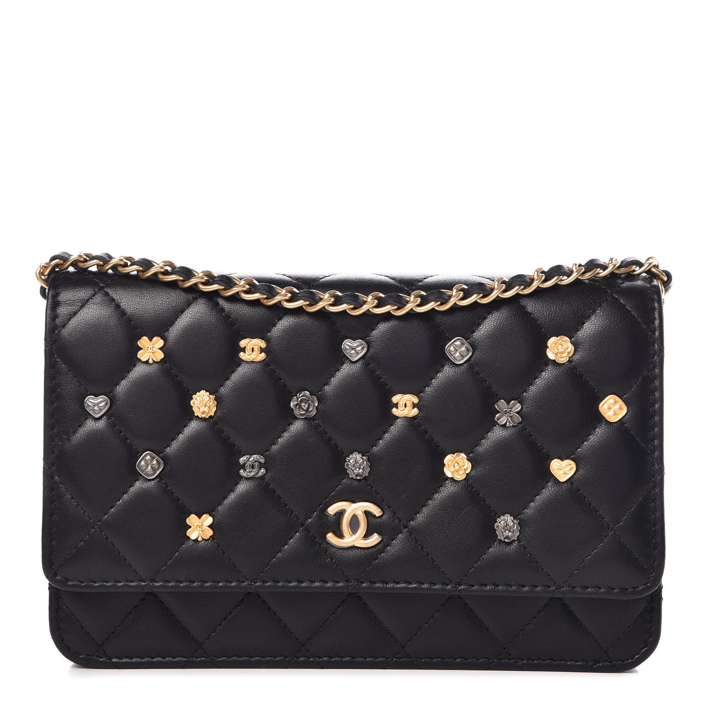 Lambskin Quilted Studded Wallet On Chain WOC Black