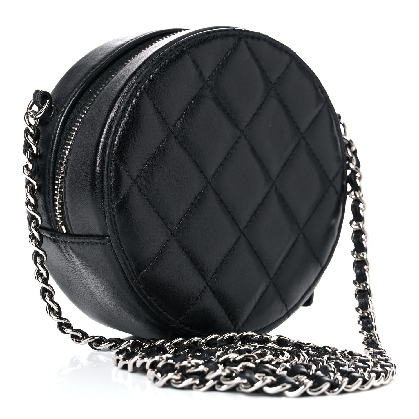 Lambskin Quilted Round Clutch With Chain Black