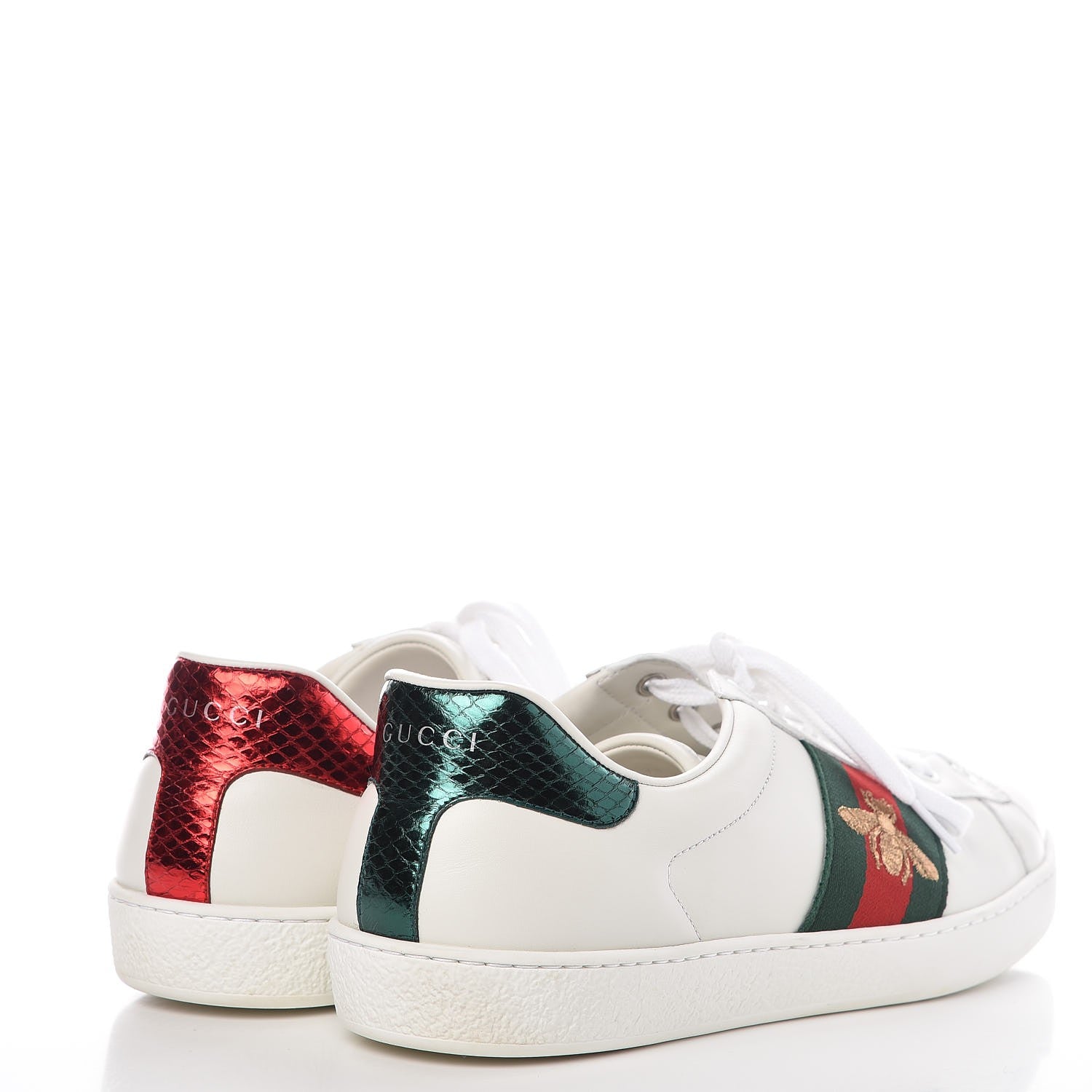 Gucci Miro Soft Calfskin Laminated Ayers Web Bee Embroidered Mens Ace Sneakers 9.5 White Red Flame Green 3 of 12