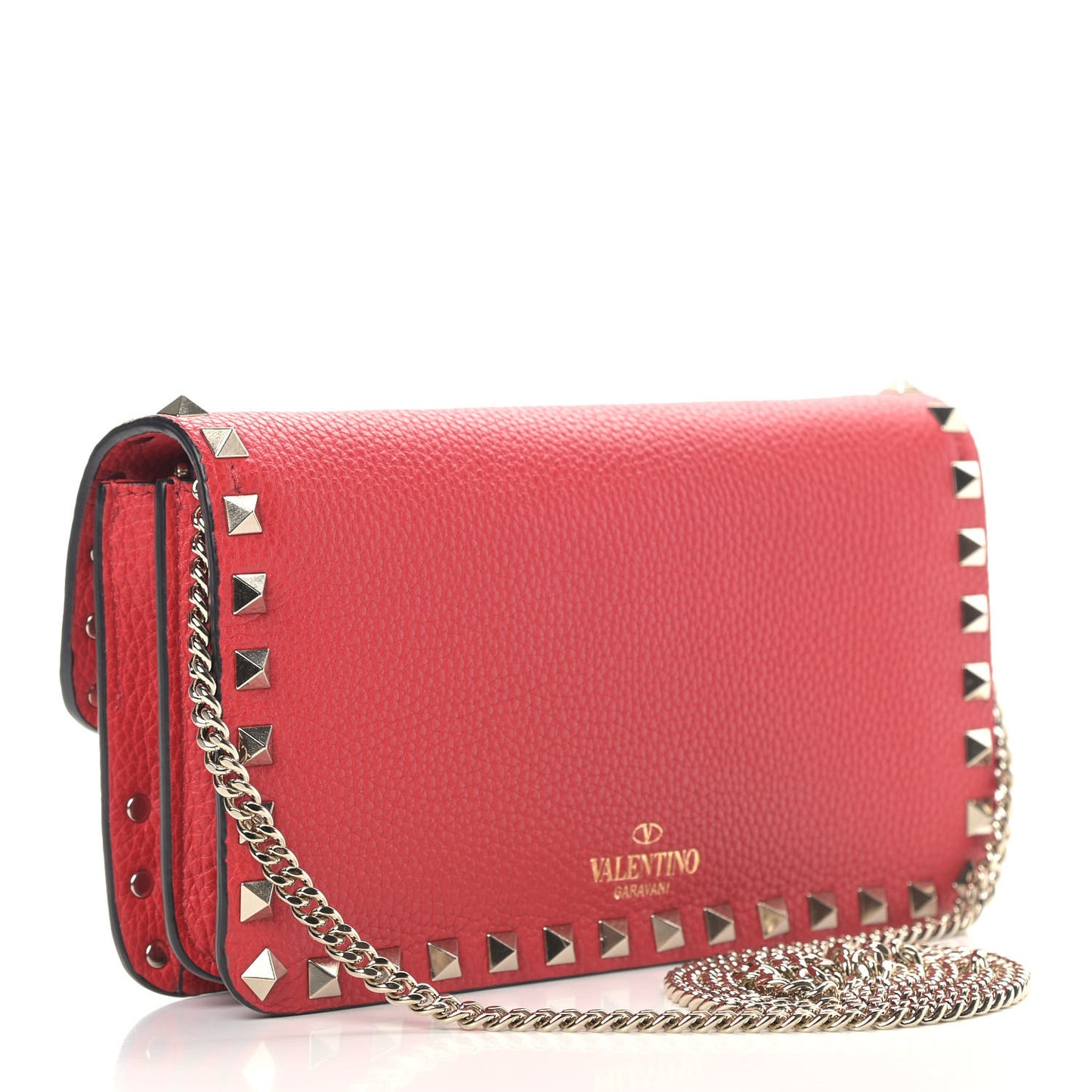 Pebbled Calfskin Rockstud Flap Wallet On Chain Rouge Pur