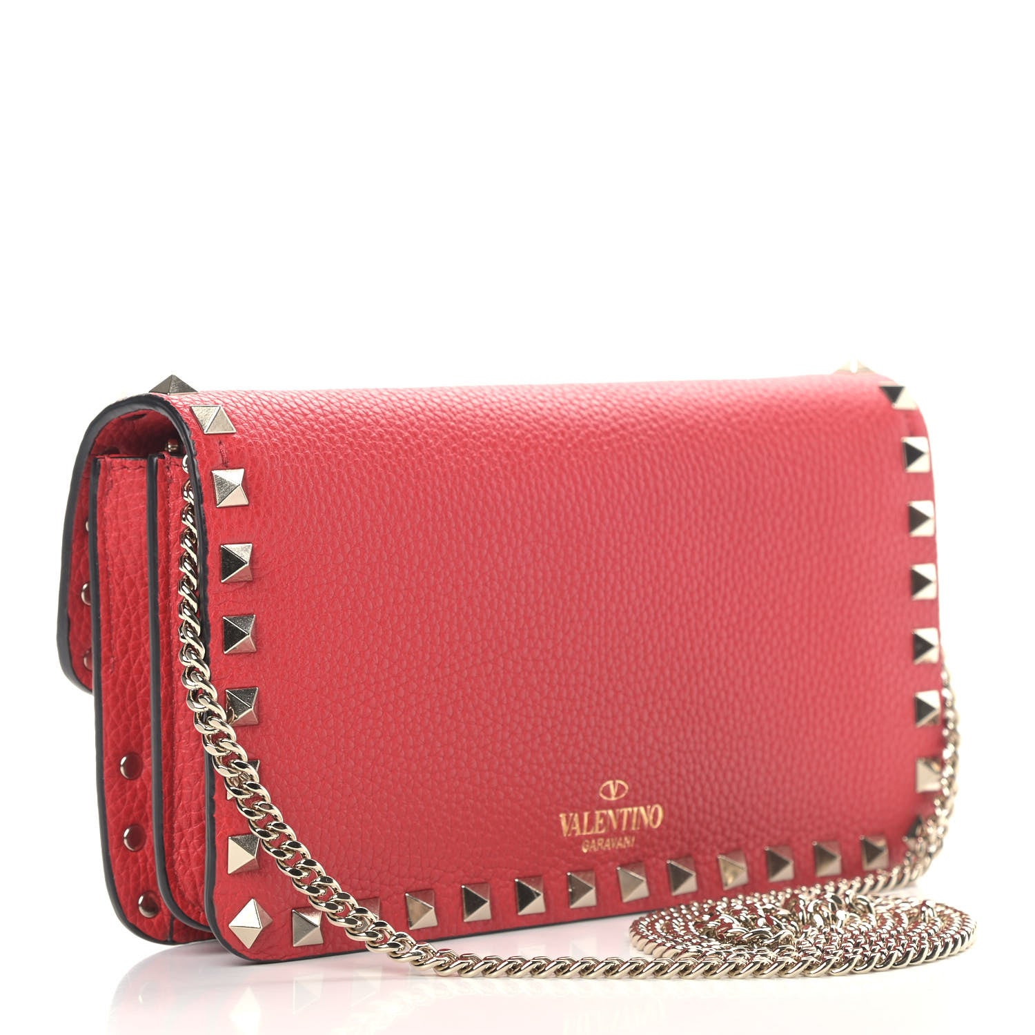 Valentino Garavani Pebbled Calfskin Rockstud Flap Wallet On Chain Rouge Pur 3 of 8