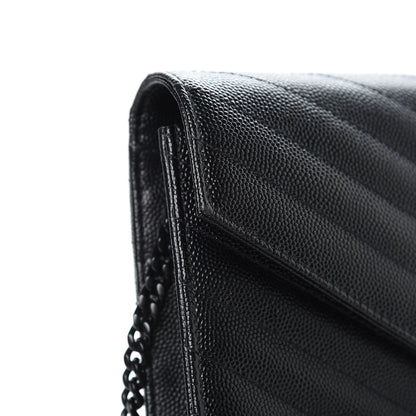 Saint Laurent Grain De Poudre Matelasse Chevron Monogram Envelope Chain Wallet Black 11 of 12