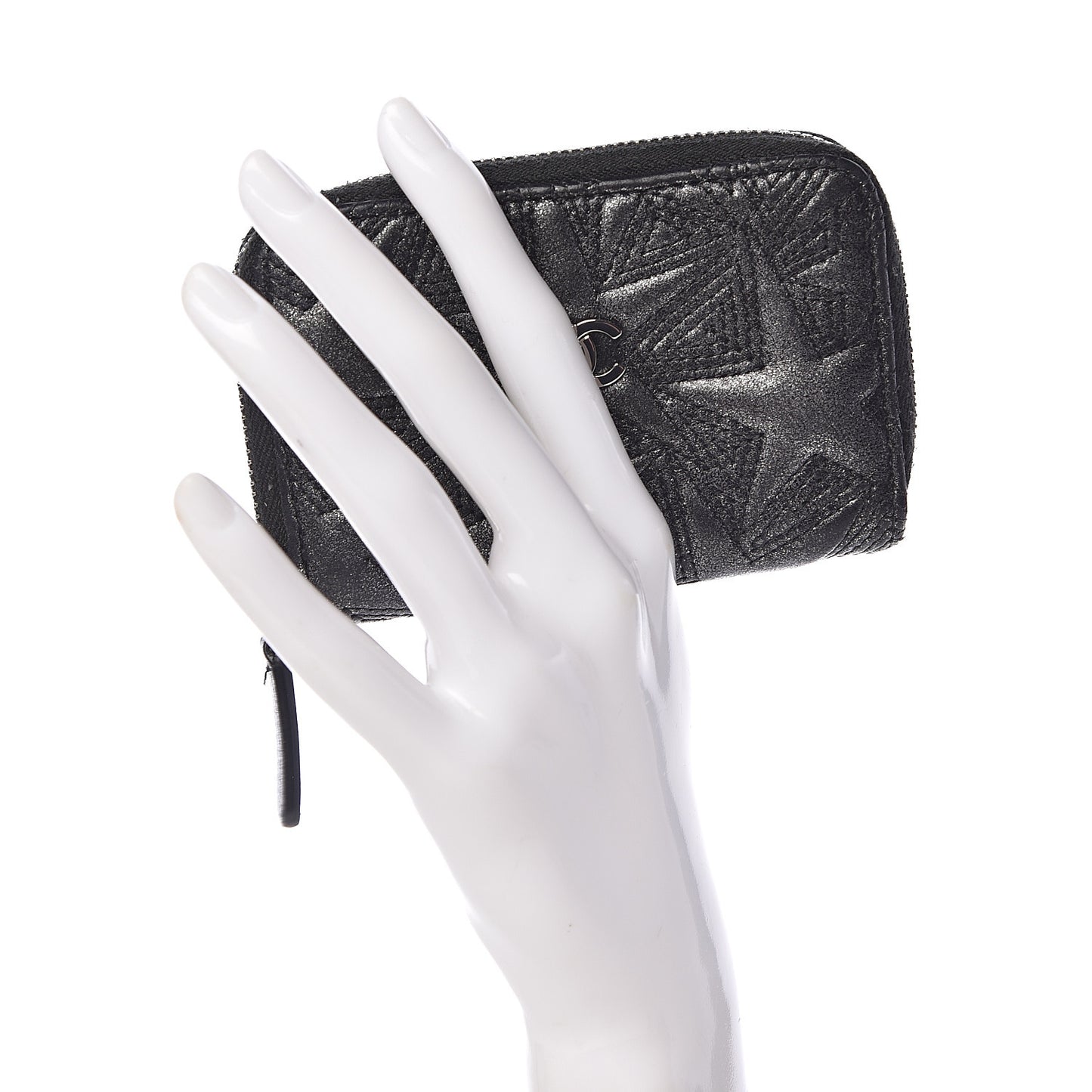 Metallic Lambskin Star Embossed Coin Purse Case Dark Grey