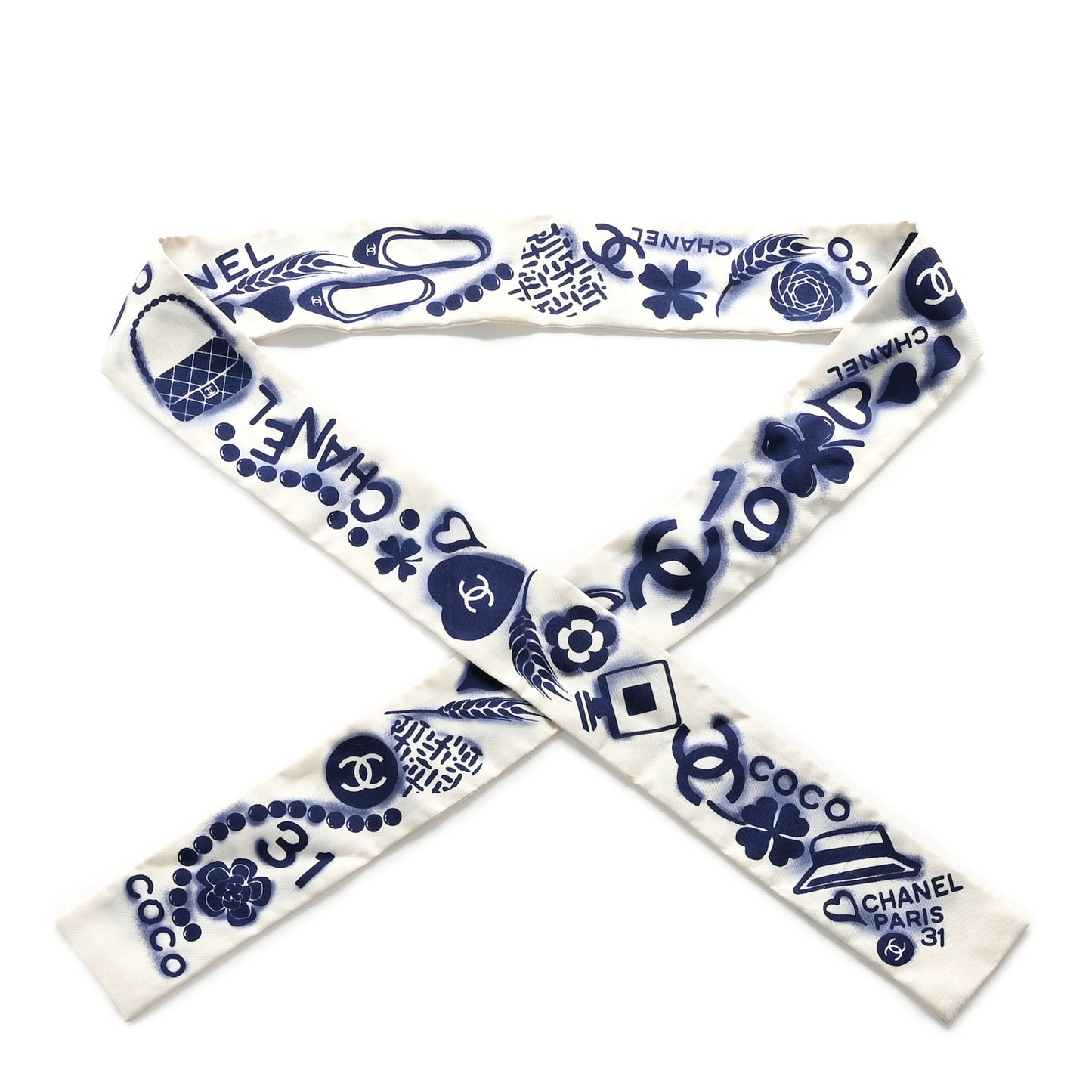 Silk CC Slim Bandeau Scarf White Blue