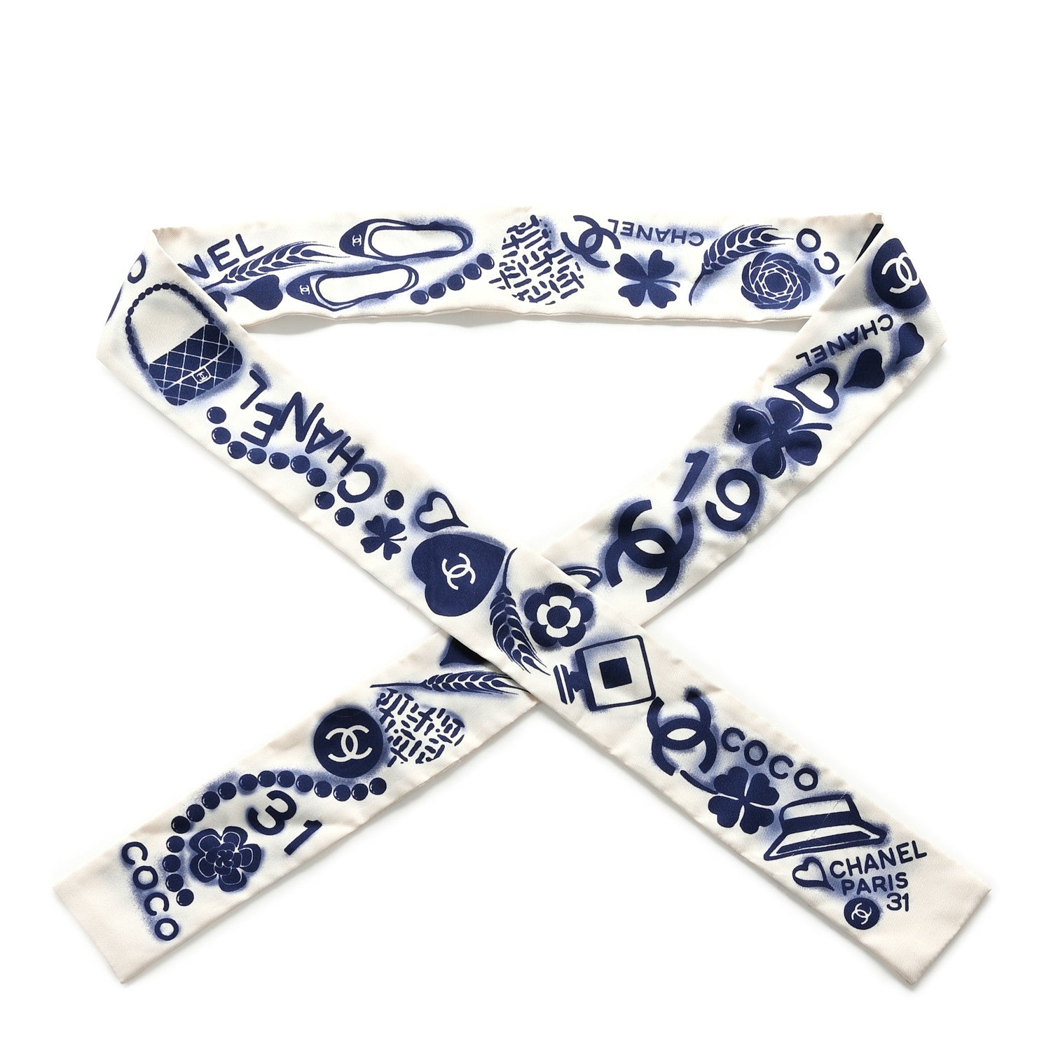 Chanel Silk CC Slim Bandeau Scarf White Blue 1 of 2