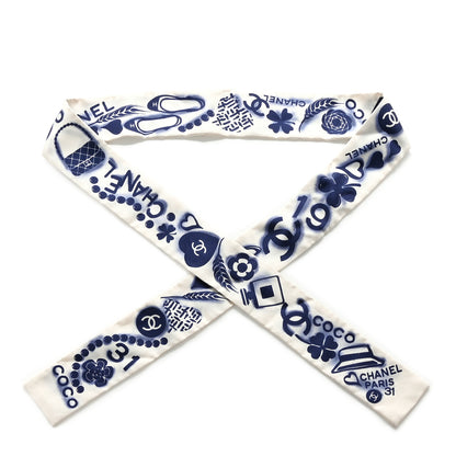Chanel Silk CC Slim Bandeau Scarf White Blue 1 of 2