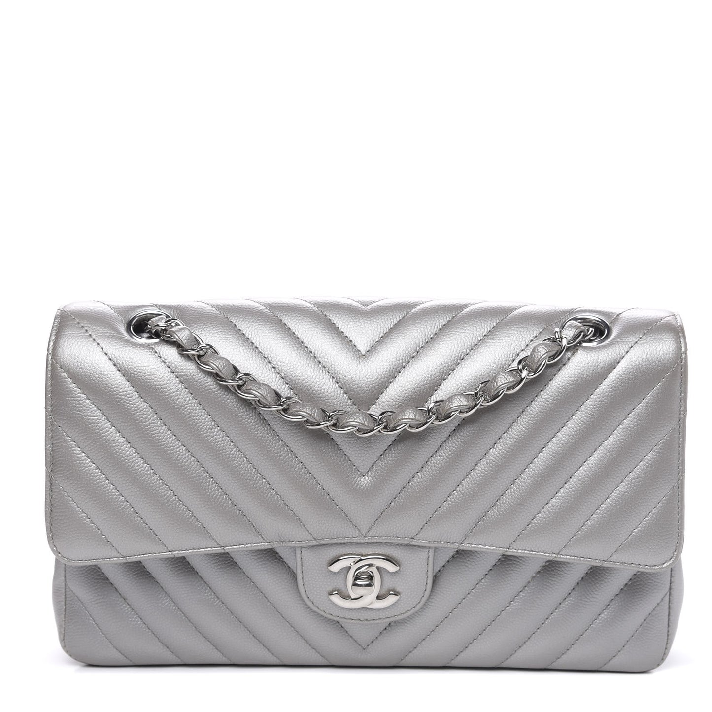 Metallic Caviar Chevron Quilted Medium Double Flap Silver