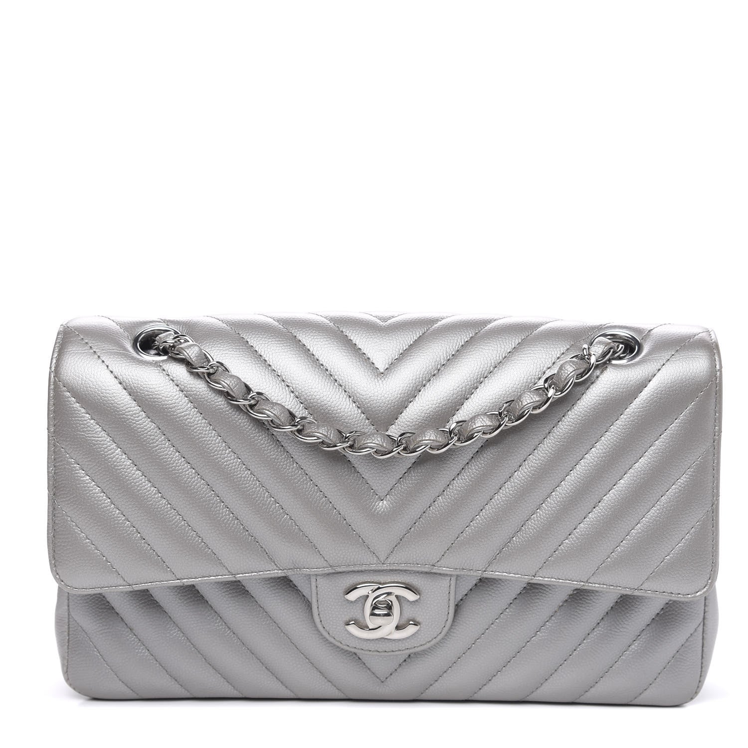 Chanel Metallic Caviar Chevron Quilted Medium Double Flap Silver 1 of 16