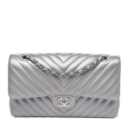 Chanel Metallic Caviar Chevron Quilted Medium Double Flap Silver 1 of 16