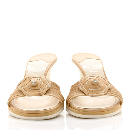 Chanel Lambskin Camellia Wedge Sandals 38.5 Beige White 2 of 10