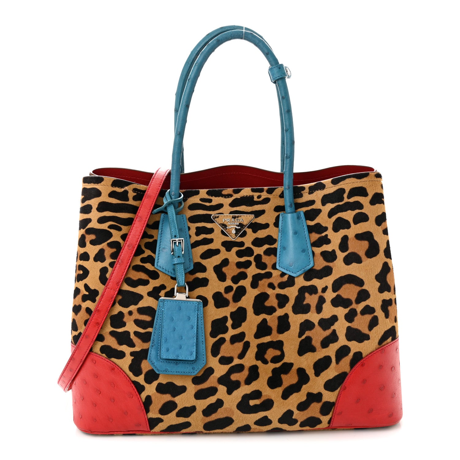 Prada Calf Hair Ostrich Leopard Print Medium Double Bag Miele Voyage 1 of 9