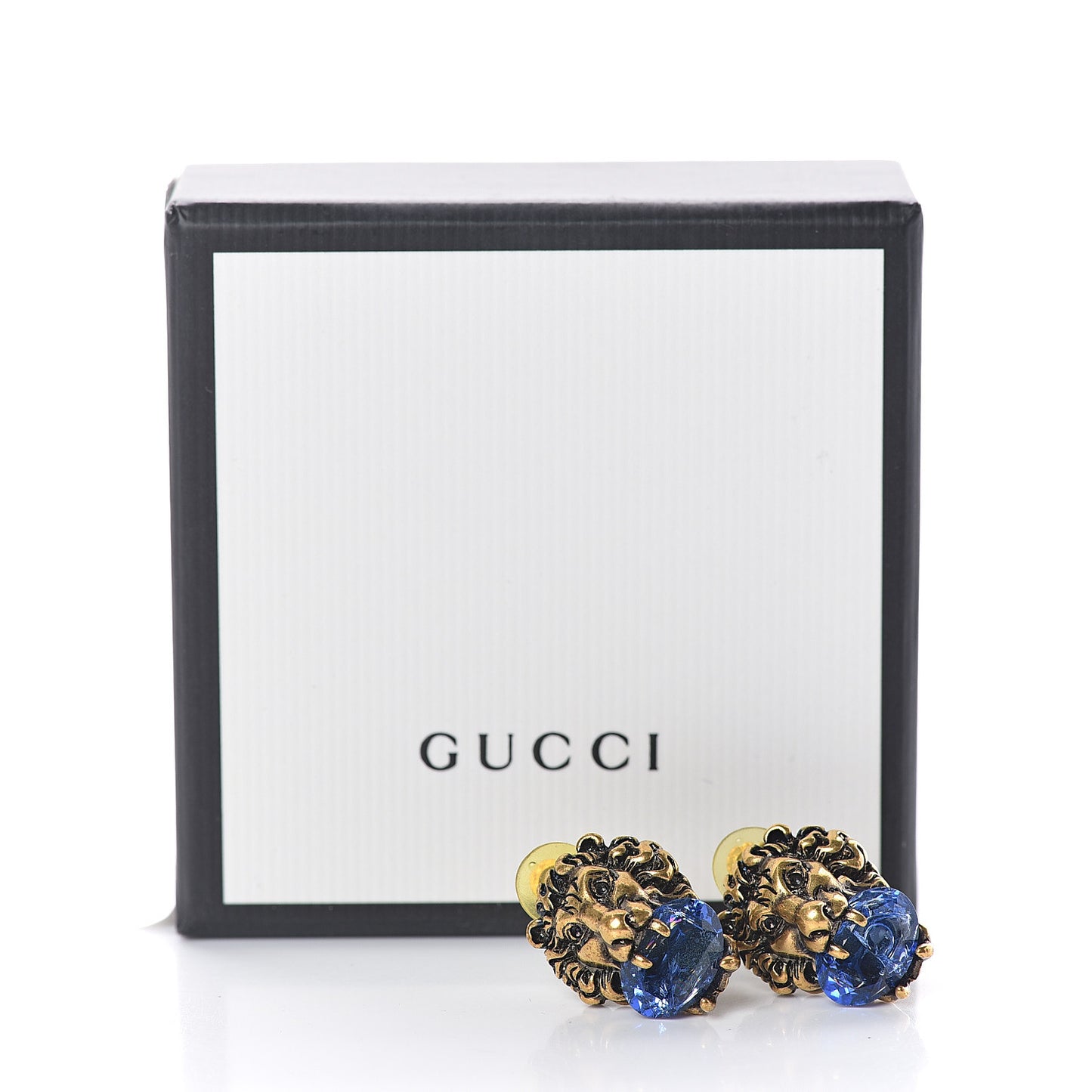 Metal Crystal Lion Clip On Earrings Aged Gold Blue