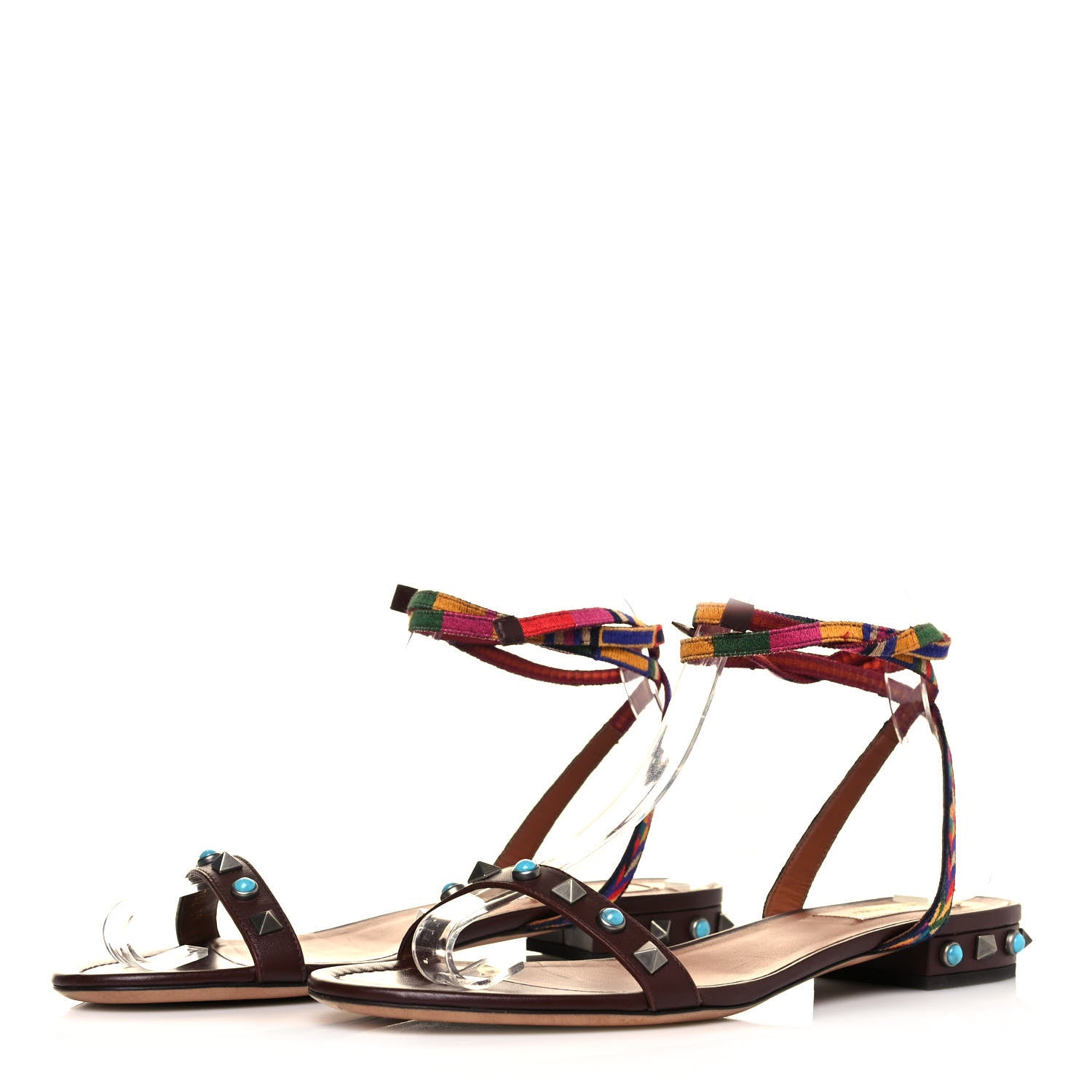 Valentino Garavani Calfskin Embroidered Rockstud Rolling Wrap Sandals 39 Brown 3 of 8